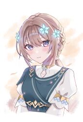 1girl blue_flower brown_hair direidyth_(genshin_impact) dress flower genshin_impact hair_flower hair_ornament highres juliet_sleeves k_o_m_i long_sleeves looking_at_viewer puffy_sleeves purple_eyes solo upper_body white_background white_dress