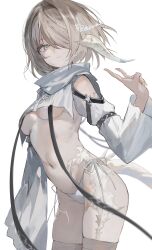 1girl absurdres au_ra bikini blue_eyes breasts brown_hair clothing_cutout cowboy_shot crop_top crop_top_overhang dragon_horns dragon_tail expressionless final_fantasy final_fantasy_xiv hair_over_one_eye hand_up highres horns long_sleeves looking_at_viewer navel no_pants scales shikina_(mochigushi_) short_hair shoulder_cutout side-tie_bikini_bottom simple_background skindentation small_breasts solo stomach string_bikini swimsuit tail thighhighs underboob v warrior_of_light_(ff14) white_background white_bikini