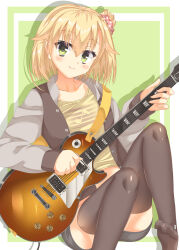 1girl black_shorts black_thighhighs blush buttons closed_mouth collarbone commentary_request convenient_leg drop_shadow eyes_visible_through_hair flipped_hair foot_out_of_frame fuyukichi_(nikoniko1567) green_background green_eyes grey_jacket guitar hair_between_eyes hair_bun hair_ornament hair_scrunchie happy highres holding holding_guitar holding_instrument holding_plectrum instrument jacket kariya_wakana knees_up looking_at_viewer medium_hair midriff musical_note musical_note_print no_shoes official_alternate_costume official_alternate_hairstyle open_clothes open_jacket plectrum polka_dot polka_dot_scrunchie print_shirt red_scrunchie sanoba_witch scrunchie shirt short_shorts shorts simple_background single_side_bun sitting sleeves_past_wrists smile solo split_mouth thighhighs toes two-tone_background white_background yellow_shirt zettai_ryouiki