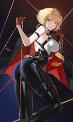 1girl absurdres arm_strap ass black_pants braid braided_bun breasts closed_mouth commentary_request evelyn_chevalier gloves hair_bun highres holding holding_jacket holding_string holding_unworn_clothes jacket large_breasts looking_back md5_mismatch necktie pants pigpotato purple_eyes red_gloves revision solo string tassel thigh_strap tight_clothes tight_pants unworn_jacket yellow_necktie zenless_zone_zero