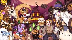1other 2boys 3girls :3 abs animal animal_ears animal_on_head animal_skull arch_mage_(ragnarok_online) bat_(animal) black_cat black_gloves black_hat black_sash black_shirt blonde_hair blood blood_on_clothes bloody_murderer blue_eyes blue_socks boots bow bowtie breasts brown_capelet brown_coat brown_hair brown_pants brown_sash bug cake candy capelet cat cat_ears cat_girl cat_on_head cat_tail closed_mouth coat copyright_notice cowboy_shot eye_print fingerless_gloves fire flat_chest food fur-trimmed_capelet fur_trim garling_(ragnarok_online) ghost gloves gold_trim green_fire grey_coat hair_bow halloween hat highres holding holding_mask jack-o&#039;-lantern jack-o&#039;-lantern_head jakk_(ragnarok_online) logo loli_ruri long_hair long_sleeves looking_at_viewer lude_(ragnarok_online) mask medium_breasts moon multiple_boys multiple_girls muscular muscular_male obi official_art official_wallpaper on_crescent on_head open_mouth orange_moon pants pumpkin purple_eyes purple_sky ragnarok_online red_bow red_bowtie red_socks sash sheet_ghost shirt skull_on_head sky sleeveless sleeveless_coat smile socks soul_ascetic_(ragnarok_online) spider spirit_handler_(ragnarok_online) star_(symbol) star_print striped_clothes striped_socks stuffed_animal stuffed_toy tail teddy_bear teddy_bear_(ragnarok_online) whisper_(ragnarok_online) white_boots white_shirt witch_hat wrapped_candy yuichirou
