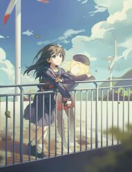 Rule 34 | 2girls, absurdres, against railing, beret, black hair, blonde hair, blue sailor collar, blue skirt, blue sky, cloud, commentary request, falling leaves, flower, frenda seivelun, hair flower, hair ornament, hat, highres, holding, holding phone, labixiaohua, leaf, long hair, multiple girls, neckerchief, outdoors, pantyhose, phone, pleated skirt, railing, red neckerchief, red skirt, sailor collar, sakugawa school uniform, saten ruiko, school uniform, serafuku, shirt, skirt, sky, toaru kagaku no railgun, toaru kagaku no railgun s, toaru majutsu no index, white shirt, wind turbine, windmill