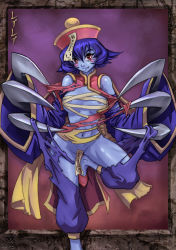 00s 1girl 2009 bad_deviantart_id bad_id bare_shoulders blue_hair blue_skin blush blush_stickers capcom censored chinese_clothes claws colored_skin convenient_censoring darkstalkers detached_sleeves fang female_focus groin hat hsien-ko jiangshi maxa&#039; mei-ling_(darkstalkers) navel no_bra no_panties ofuda pants qingdai_guanmao red_eyes shiny_skin shirt smile solo standing standing_on_one_leg torn_clothes torn_pants torn_shirt torn_sleeves wide_sleeves