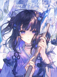 1girl absurdres air_bubble bell black_hair black_sash blue_flower bow broom bubble character_request closed_mouth colored_inner_hair commentary copyright_request crescent crescent_earrings dot_nose earrings english_text expressionless eyelashes fish flower flower_request flying_fish goldfish grey_bow hair_bell hair_bow hair_flower hair_ornament happy_birthday highres holding holding_broom japanese_clothes jewelry kimono light_frown long_hair long_sleeves looking_at_viewer loose_hair_strand maccha_(mochancc) multicolored_hair nail_polish obi planet_hair_ornament purple_eyes purple_flower purple_hair purple_kimono purple_nails sash solo straight-on streaked_hair symbol-only_commentary two_side_up upper_body white_background wide_sleeves wind_chime yukata