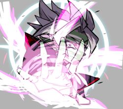 1boy black_bodysuit bodysuit colored_skin dragon_ball dragon_ball_super earrings energy_ball fused_zamasu green_skin grey_eyes halo imminent_attack jewelry long_sleeves looking_at_viewer pointy_ears potara_earrings sash solo spiked_hair v621 white_hair