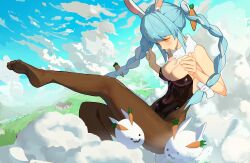 1girl absurdres animal_ears black_leotard blue_hair blue_sky braid breasts brown_pantyhose carrot_hair_ornament closed_mouth cloud commentary don-chan_(usada_pekora) floating food-themed_hair_ornament hair_ornament highleg highleg_leotard highres hololive leotard long_hair looking_down medium_breasts no_shoes pantyhose paplife pekomon_(usada_pekora) rabbit_ears sky solo strapless strapless_leotard symbol-only_commentary twin_braids usada_pekora virtual_youtuber yellow_eyes