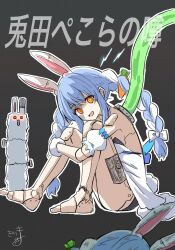 Rule 34 | 1girl, :d, android, animal ear fluff, animal ears, barefoot, black background, black leotard, blue hair, bow, braid, carrot hair ornament, commentary request, detached sleeves, don-chan (usada pekora), dress, electricity, food-themed hair ornament, fur-trimmed gloves, fur trim, gloves, glowing, glowing eyes, hair bow, hair ornament, highres, hololive, hugging own legs, kiritoma, leotard, looking at viewer, multicolored hair, open mouth, orange eyes, puffy short sleeves, puffy sleeves, rabbit ears, red eyes, short sleeves, sitting, smile, solo focus, strapless, strapless dress, strapless leotard, translation request, twin braids, twintails, two-tone hair, usada pekora, usada pekora (1st costume), virtual youtuber, white bow, white dress, white hair, white sleeves