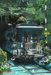 1girl absurdres bird black_hair bush camera commentary cow dappled_sunlight dog ear_tag flower geki_dan giraffe hat hat_flower highres holding holding_camera long_hair long_sleeves original pig power_lines railing railroad_tracks scenery sign skirt sunlight suspender_skirt suspenders train tunnel utility_pole warning_sign