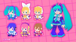 2boys 3d 4girls aqua_hair blockbench_(medium) blonde_hair blue_eyes blue_hair blush_stickers boots brown_hair chibi commentary detached_sleeves english_commentary grid_background hatsune_miku headphones kagamine_len kagamine_rin kaito_(vocaloid) long_hair low_poly megurine_luka meiko_(vocaloid) multiple_boys multiple_girls multiple_views official_art pink_background pink_hair radiant_revival_(vocaloid) shirt short_hair sitting skirt sleeveless sleeveless_shirt smile standing thigh_boots twintails very_long_hair violet_(violxiv) vocaloid