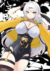 :o absurdres ahoge asymmetrical_gloves black_gloves breasts cleavage cowboy_shot elbow_gloves fingerless_gloves gloves hair_ornament high-waist_shorts highres jacket large_breasts long_hair mole mole_on_breast r_orihaverp shorts single_elbow_glove single_hair_intake single_thighhigh thighhighs uneven_gloves white_hair yellow_eyes yellow_jacket yin_yang_pin yixuan_(zenless_zone_zero) zenless_zone_zero