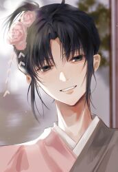 1girl absurdres black_eyes black_hair blush flower hair_bun hair_flower hair_ornament highres japanese_clothes kara_no_kyoukai kimono pink_kimono pppeipeipipi ryougi_shiki smile solo updo