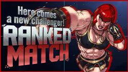 Rule 34 | 1girl, 2025, abs, arm up, arms up, biceps, blue background, blue eyes, border, breasts, capcom, chain, chain necklace, cleavage, clenched hand, clenched hands, clenched teeth, commentary, covered erect nipples, cowboy shot, english commentary, english text, female focus, fingerless gloves, foreshortening, gameplay mechanics, ganassa, gloves, hand wraps, highres, jewelry, large breasts, looking at viewer, marisa (street fighter), medium breasts, midriff, muscular, muscular female, navel, necklace, outstretched arm, punching, red hair, red lips, red nails, serious, short hair, shorts, shorts under skirt, simple background, skirt, smile, solo, sports bra, standing, street fighter, street fighter 6, sweat, teeth, toned, veins, veiny arms