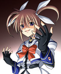 Rule 34 | 00s, 1girl, bow, brown hair, female focus, fingerless gloves, gloves, lyrical nanoha, magical girl, mahou shoujo lyrical nanoha, mahou shoujo lyrical nanoha a&#039;s, purple eyes, red bow, red hair, solo, takamachi nanoha, twintails, white devil