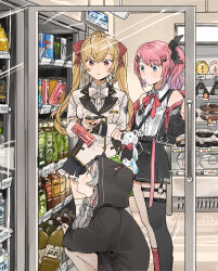 Rule 34 | 3girls, absurdres, black skirt, blonde hair, blue eyes, bottle, bow, can, energy drink, falling, glass door refrigerator, grey hair, hair bow, hair ornament, hair ribbon, hairclip, highres, hood, hood up, indoors, ishigami nozomi, ishigami nozomi (2nd costume), koinko (hunjinwashow), kuramochi meruto, kuramochi meruto (1st costume), monster energy, multiple girls, nijisanji, pink bow, pink hair, purple hair, red bull, red eyes, red ribbon, refrigerator, rene (kuramochi meruto), ribbon, shop, skirt, squatting, stuffed animal, stuffed toy, takamiya rion, takamiya rion (1st costume), tea, teddy bear, virtual youtuber
