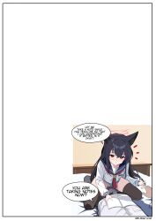 1boy 1girl absurdres animal_ears black_hair black_thighhighs blue_archive english_text fox_ears girl_on_top halo highres long_hair long_sleeves melissa_v2 panties red_eyes red_halo sensei_(blue_archive) shirt speech_bubble striped_clothes striped_panties thighhighs underwear very_long_hair white_shirt yukino_(blue_archive)