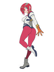 1girl absurdres amate_yuzuriha aqua_eyes ass boots breasts full_body gloves gundam gundam_gquuuuuux highres looking_at_viewer looking_back mecha_pilot_suit red_hair short_hair small_breasts solo toshinoshin
