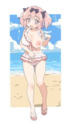 Rule 34 | 1girl, absurdres, bikini, black bow, blue sky, blush, bow, breasts, cloud, cloudy sky, day, flower in eye, hair bow, hibari (senran kagura), highres, large breasts, medium hair, navel, nipples, one breast out, open mouth, outdoors, pink hair, senran kagura, senran kagura shoujo-tachi no shin&#039;ei, sincos, sky, solo, stomach, swimsuit, symbol in eye, thighs, two side up, white bikini
