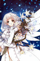1girl bouquet clamp clover_(manga) fake_flower female_focus flower green_eyes holding lamp lily_(flower) long_sleeves official_art short_hair snow solo steampunk suu suu_(clover) white_hair wings winter