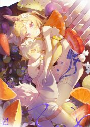 2girls animal_ears armpits artist_name ass bare_shoulders blonde_hair blue_eyes bra_strap bra_straps dress drowzzi eye_mask ferret ferret_ears ferret_girl ferret_tail flower food fork fruit gradient_hair gradient_tail grapes green_eyes green_hair green_sweater hair_flower hair_ornament highres hug implied_yuri indie_virtual_youtuber kiwi_(fruit) kiwi_slice laimu_(vtuber) laimu_(vtuber)_(cozy) looking_at_viewer miniskirt multicolored_hair multicolored_tail multiple_girls orange_(fruit) orange_slice rabbit rabbit_ears rabbit_girl rabbit_tail ribbon short_shorts shorts skirt sleep_mask strawberry strawberry_slice sunlight sweater tail thigh_strap thighhighs two-tone_hair two-tone_tail vinesauce virtual_youtuber white_dress white_hair white_sweater yenko_(vtuber) zettai_ryouiki