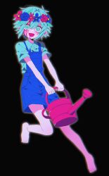 1boy :d absurdres antenna_hair bare_legs barefoot basil_(headspace)_(omori) basil_(omori) black_background blood blood_from_forehead blue_eyes blue_flower blue_hair blue_overalls blue_rose blue_shirt brown_outline chromatic_aberration collared_shirt double-parted_bangs flower flower_wreath full_body hair_between_eyes hashtag-only_commentary head_wreath highres holding holding_watering_can male_focus my_loleeta omori open_mouth outline overall_shorts overalls pink_flower pink_rose rose shirt short_hair short_sleeves simple_background smile solo standing standing_on_one_leg watering_can wide-eyed