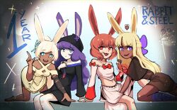 Rule 34 | 4girls, animal ears, anniversary, barefoot, black capelet, black dress, black headscarf, blonde hair, blue eyes, boopy (datboopy), breasts, brown dress, capelet, commentary, copyright name, dagger, dancer rabbit, dark-skinned female, dark skin, dress, druid rabbit, english commentary, feet out of frame, full body, headscarf, heavyblade rabbit, highres, holding, holding another&#039;s wrist, holding dagger, holding knife, holding weapon, knife, long hair, long sleeves, looking at viewer, medium breasts, midriff, multiple girls, navel, off-shoulder shirt, off shoulder, open mouth, orange eyes, purple eyes, purple hair, rabbit and steel, rabbit ears, rabbit girl, red eyes, ribbon-trimmed skirt, ribbon trim, shirt, short hair, skirt, smile, sniper rabbit, v-shaped eyebrows, weapon, white hair, white shirt, white skirt, yellow dress