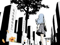 1girl anglediana bag bang_dream! bang_dream!_it&#039;s_mygo!!!!! black_ribbon blue_hair brown_bag chinese_commentary chinese_text commentary_request falling_petals flower from_behind from_below grave graveyard grey_skirt hair_ribbon highres long_hair partially_colored petals plaid_clothes plaid_skirt ribbon shoulder_bag skirt socks solo togawa_sakiko translation_request tree two_side_up white_socks