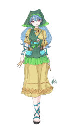 Rule 34 | 1girl, :d, absurdres, apron, arm ribbon, blue hair, commentary, dress, flower, full body, green apron, green headscarf, haniyasushin keiki, headscarf, highres, holding scalpel, jewelry, kashiwada kiiho, long hair, looking at viewer, magatama, magatama necklace, necklace, object in pocket, open mouth, parted lips, pink eyes, pink flower, pliers, pocket, ribbon, short sleeves, signature, simple background, single strap, smile, solo, standing, touhou, wavy hair, white background, wood carving tool, yellow dress