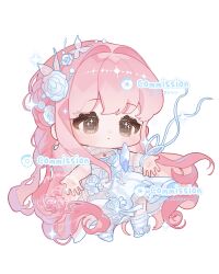 Rule 34 | 1girl, :o, absurdly long hair, ankle flower, ankle ribbon, ankle socks, beads, brown eyes, butterfly hair ornament, character request, chibi, choker, commission, dress, dress flower, earrings, eeeestella, expressionless, eyelashes, floating, flower, frilled choker, frilled dress, frilled socks, frilled wrist cuffs, frills, hair beads, hair flower, hair intakes, hair ornament, highres, jewelry, leg ribbon, light blush, long dress, long hair, looking ahead, miracle nikki, nikki (nikki), nikki (series), outstretched hand, parted lips, pink hair, ribbon, rose, shoes, simple background, single wrist cuff, sleeveless, sleeveless dress, socks, solo, sparkle, sparkling eyes, very long hair, watermark, wavy hair, white background, white choker, white dress, white flower, white ribbon, white rose, white shoes, white socks, white wrist cuffs, wrist cuffs, wrist ribbon