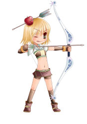 1girl :q apple_on_head arima_natsubon arrow_(projectile) arrow_through_apple belt blonde_hair boots bow_(weapon) brown_boots brown_gloves brown_shirt brown_shorts brown_skirt brown_socks chibi chibi_only closed_mouth commentary_request crop_top cropped_jacket drawing_bow fingerless_gloves flat_chest full_body gloves green_belt green_eyes holding holding_bow_(weapon) holding_weapon hunter_(ragnarok_online) jacket midriff miniskirt navel one_eye_closed ragnarok_online shirt short_hair short_shorts short_sleeves shorts shorts_under_skirt simple_background skirt smile socks solo tongue tongue_out weapon white_background white_jacket
