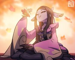 1girl black_hair black_thighhighs choker flabebe gen_6_pokemon half-closed_eyes highres holding holding_pokemon japanese_clothes kimono kyonart long_hair long_sleeves looking_at_another nintendo pink_kimono pokemon pokemon_(creature) pokemon_xy seiza sitting sleeves_past_wrists smile thighhighs valerie_(pokemon) wide_sleeves