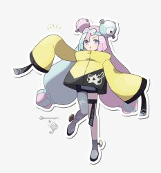 Rule 34 | 1girl, :o, blue hair, bow-shaped hair, character hair ornament, eneko (olavcnkrpucl16a), eyelashes, full body, grey pantyhose, hair ornament, highres, iono (pokemon), jacket, long hair, multicolored hair, nintendo, open mouth, pantyhose, pink eyes, pink hair, pokemon, pokemon (creature), pokemon sv, single leg pantyhose, sleeves past fingers, sleeves past wrists, tadbulb, thigh strap, twintails, twitter username, two-tone hair, very long hair, white background, yellow jacket