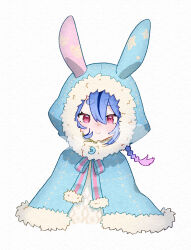 1other alternate_costume animal_hood blue_capelet blue_hair blue_ribbon buttons capelet closed_mouth cropped_torso cross-eyed double-parted_bangs fur-trimmed_capelet fur-trimmed_hood fur_trim gradient_hair hair_between_eyes hamori_shiki highres hood hooded_capelet long_hair meika_mikoto multicolored_hair neck_ribbon other_focus paper_texture pink_hair rabbit_hood red_eyes ribbon simple_background smile solo streaked_hair vocaloid white_background