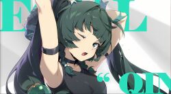 1girl ;o absurdres arm_strap armpits arms_up black_choker black_shirt black_tank_top braid breasts character_name choker green_eyes green_hair hair_ornament highres holding long_hair looking_at_viewer mindscape_cinema_(zenless_zone_zero) official_art one_eye_closed open_mouth qingyi_(zenless_zone_zero) shirt sleeveless small_breasts solo stretching sweat tank_top teeth twin_braids twintails upper_body zenless_zone_zero