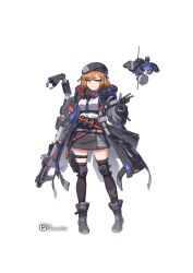 1girl absurdres artist_name assault_rifle beret black_thighhighs boots brown_hair coat drone explosive full_body gloves green_eyes grenade gun hat headphones headphones_around_neck highres knee_pads looking_at_viewer non-humanoid_robot original rifle robot sherman_(egnk2525) single_knee_pad smile solo tachi-e tactical_clothes thighhighs transparent_background weapon white_background
