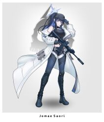 Rule 34 | 1girl, absurdres, assault rifle, blue archive, blue eyes, blue hair, blunt bangs, boots, breasts, closed mouth, commentary, english commentary, full body, funky dea1er, gloves, gun, highres, holding, holding gun, holding weapon, jacket, long hair, long sleeves, looking at viewer, midriff, military, off shoulder, rifle, saori (blue archive), shorts, sidelocks, sig 516, sig sauer, solo, standing, weapon
