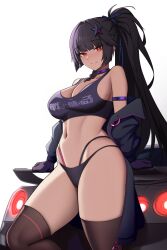1girl absurdres arm_strap arm_support bare_shoulders bikini bikini_bottom_only black_bikini black_gloves black_hair black_jacket black_shirt braid breasts bright_pupils brown_thighhighs car cero_(last2stage) choker cleavage closed_mouth clothes_writing commentary commission crop_top english_commentary gloves hair_ornament highres jacket large_breasts long_hair looking_at_viewer motor_vehicle multi-strapped_bikini_bottom navel no_pants off_shoulder ponytail purple_choker red_eyes shirt simple_background sleeveless sleeveless_shirt smile solo standing star_(symbol) star_hair_ornament stomach string_bikini swimsuit tatakau_ni_atai_suru thighhighs thighs very_long_hair white_background yamaguchi_ryoko