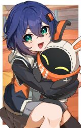 1girl :d bangboo_(zenless_zone_zero) belle_(zenless_zone_zero) blue_hair chawarabi cowboy_shot crossed_bangs eous_(zenless_zone_zero) green_eyes grey_skirt hair_ornament highres holding hood hooded_jacket jacket letter_hair_ornament looking_at_viewer open_mouth short_hair skirt smile zenless_zone_zero