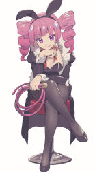 1girl animal_ears black_coat black_leotard black_pantyhose black_shoes breasts coat crossed_legs dark_hunter dark_hunter_(sekaiju) dark_hunter_4 drill_hair etrian_odyssey fake_animal_ears full_body fur_trim head_rest highres holding holding_whip leaning_forward leotard long_hair looking_at_viewer medium_breasts mya-zawa open_clothes open_coat pantyhose playboy_bunny purple_eyes rabbit_ears red_hair revision sekaiju_no_meikyuu sekaiju_no_meikyuu_1 shoes sitting smile solo stool twin_drills whip