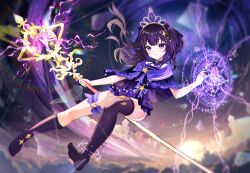 1girl absurdres asymmetrical_legwear bow chinese_commentary commentary_request commission dice dice_earrings earrings floating full_body hair_between_eyes heart heart_in_eye heart_o-ring highres holding holding_staff jewelry long_hair looking_at_viewer mo_nv_zhi_wen_nai_bai_he_zhi_wei no_shoes o-ring o-ring_thigh_strap parted_lips pink_tiara purple_bow purple_eyes purple_hair purple_thighhighs solo staff star_(symbol) symbol_in_eye teeth_bro thigh_strap thighhighs uneven_legwear very_long_hair