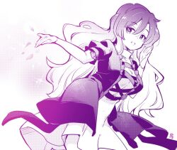Rule 34 | 1girl, commentary request, cowboy shot, cross-laced clothes, cross-laced dress, dress, gradient hair, hijiri byakuren, layered dress, long hair, looking at viewer, monochrome, multicolored hair, open mouth, purple theme, simple background, smile, solo, tanasuke, touhou, very long hair, wavy hair