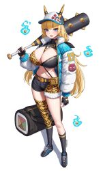 1girl animal_print artist_name bag between_breasts black_gloves black_shorts black_socks blonde_hair blue_eyes blue_jacket breasts cleavage club club_(weapon) duffel_bag fake_horns full_body gloves highres holding holding_club holding_weapon horns jacket large_breasts lina_(michihasu) long_hair long_sleeves looking_at_viewer low_twintails michihasu midriff multicolored_jacket navel open_mouth original over_shoulder partially_fingerless_gloves puffy_long_sleeves puffy_sleeves short_shorts shorts simple_background smile socks solo spiked_club standing strap_between_breasts tiger_print twintails weapon weapon_over_shoulder white_background