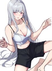 1girl 3_small_spiders ak-12_(girls&#039;_frontline) alternate_costume black_shorts blush breasts cleavage collarbone commentary_request crossed_legs girls&#039;_frontline grey_hair long_hair looking_at_viewer medium_breasts navel open_mouth purple_eyes shirt shorts sidelocks simple_background sitting solo sweatdrop white_background white_shirt