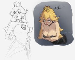 1girl :o artist_name black_dress blonde_hair blue_eyes blush bowsette breasts collar collarbone crown dress earrings highres horns jewelry large_breasts leaning_forward long_hair looking_to_the_side mario_(series) multiple_views new_super_mario_bros._u_deluxe nintendo shiny_skin smollb_nsfw spikes super_crown teeth upper_teeth_only