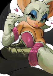 1girl animal_ears animal_nose bare_shoulders bat_ears bat_girl bat_wings blue_eyeshadow bodysuit boots breasts cleavage closed_mouth elbow_gloves eyelashes eyeshadow furry furry_female gloves green_eyes hand_up heart highres large_breasts lipstick looking_at_viewer maisujim makeup rouge_the_bat short_hair smile solo sonic_(series) thigh_boots thighhighs white_gloves white_hair wings
