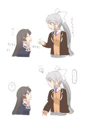 Rule 34 | ..., 2girls, :d, ?, black jacket, blazer, bow, brown cardigan, cardigan, chibi, closed eyes, closed mouth, collared shirt, grey hair, grey skirt, hair bow, hair ornament, hairclip, higuchi kaede, higuchi kaede (1st costume), jacket, light bulb, long hair, multiple girls, necktie, nijisanji, open clothes, open jacket, open mouth, pink bow, pleated skirt, ponytail, profile, purple necktie, rebecca (keinelove), school uniform, shirt, simple background, skirt, smile, spoken ellipsis, spoken question mark, translation request, tsukino mito, tsukino mito (1st costume), very long hair, virtual youtuber, white background, white bow, white shirt