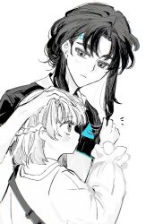 1boy 1girl aged_down android apron bag braid chidouin_sara child choppy_bangs closed_mouth commentary detroit:_become_human from_side greyscale hair_behind_ear hair_bun half_up_braid headpat highres holding holding_another&#039;s_hair holding_own_hair kimi_ga_shine light_blush long_hair long_sleeves looking_at_another looking_down looking_to_the_side looking_up monochrome parody parted_bangs pipoabubu profile puffy_long_sleeves puffy_sleeves satou_kai shirt short_hair short_sleeves shoulder_bag sidelocks simple_background single_hair_bun spot_color symbol-only_commentary upper_body white_background