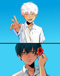 2boys absurdres albino black_hair blue_background blurry blurry_foreground closed_mouth collarbone collared_shirt fingernails flower grey_eyes hair_between_eyes highres hikaru_ga_shinda_natsu indou_hikaru looking_at_viewer male_focus mole mole_on_cheek mole_on_neck mole_under_eye multiple_boys multiple_moles nostrils open_mouth pov pov_hands reaching reaching_towards_viewer red_pupils school_uniform shirt short_hair short_sleeves simple_background smile sweat teeth tooth_gap tsujinaka_yoshiki uneasywolf upper_body very_short_hair white_hair white_shirt