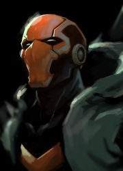 1boy batman_(series) bodysuit dc_comics dexter_soy emblem helmet hood jason_todd looking_away male_focus mask portrait profile red_hood_(dc) red_ronin_(dc) simple_background solo standing superhero_costume upper_body white_eyes white_hood