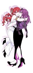 2girls arms_around_neck ayunyan_pere bare_shoulders black_shoes black_skirt carrying carrying_person closed_eyes closed_mouth commentary_request grin high_heels highres himeko_(honkai:_star_rail) honkai:_star_rail honkai_(series) hug kafka_(honkai:_star_rail) long_hair multiple_girls pants purple_hair red_hair shadow shirt shoes skirt smile white_background white_pants white_shirt yuri
