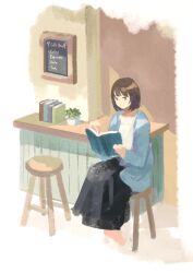 Rule 34 | 1girl, black skirt, blue cardigan, book, border, brown eyes, brown hair, cardigan, closed mouth, commentary request, counter, dot nose, english text, highres, holding, holding book, indoors, light smile, long sleeves, looking at viewer, menu board, no pupils, on stool, open book, open cardigan, open clothes, original, plant, potted plant, shirt, sitting, skirt, solo, split mouth, touchika, white border, white shirt, wooden stool